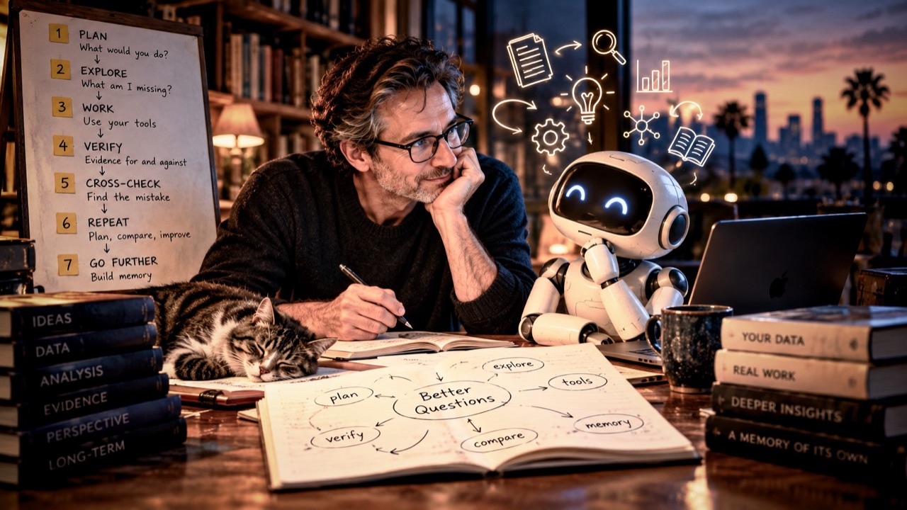 A man and a small robot at a desk, working through a notebook of diagrams together